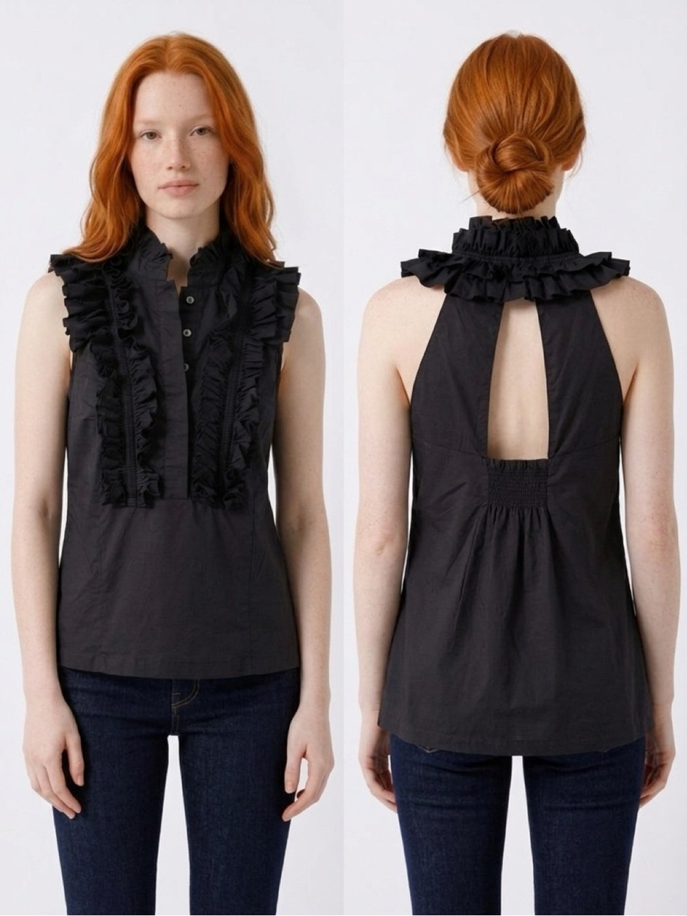 MM Couture Black Ruffled Sleeveless High-Neck Blouse, romantic, fairy
